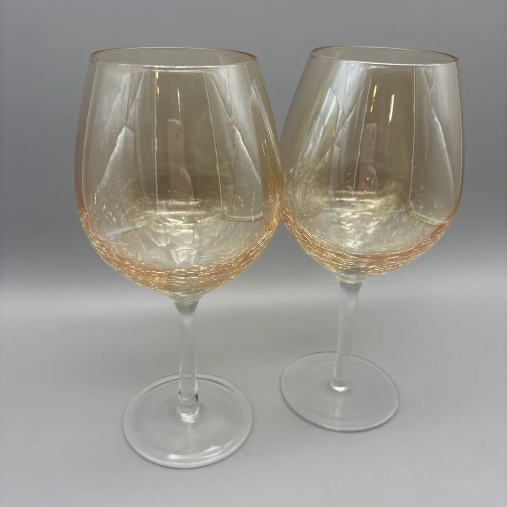 PIER 1‎ AMBER GOLDEN LUSTER CRACKLE WINE BALLOON STEM/GOBLETS 8.5